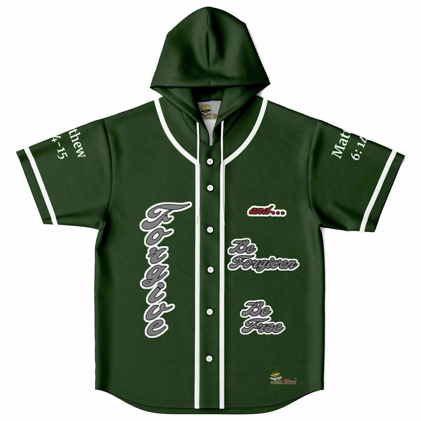 FORGIVE Forest Green - Unisex Hooded Baseball Jersey, White Stripes
