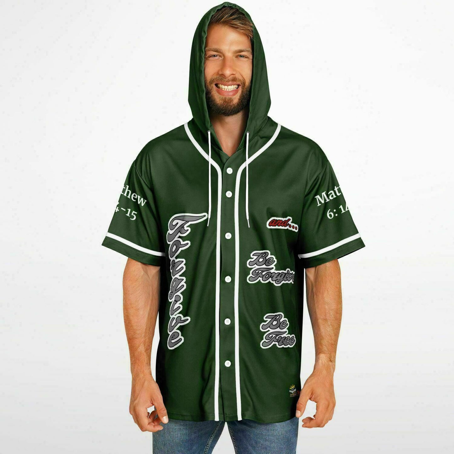 FORGIVE Forest Green - Unisex Hooded Baseball Jersey, White Stripes