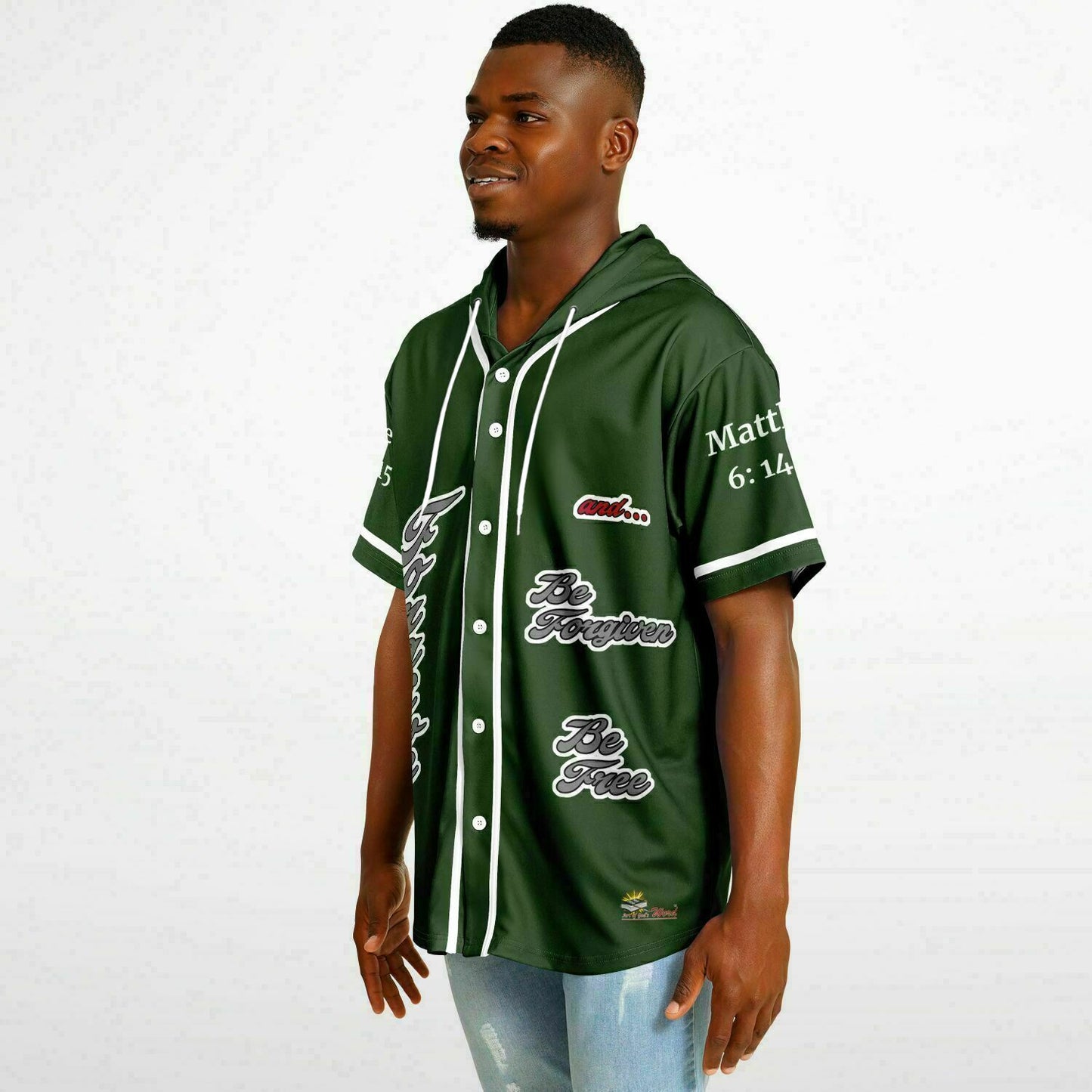 FORGIVE Forest Green - Unisex Hooded Baseball Jersey, White Stripes