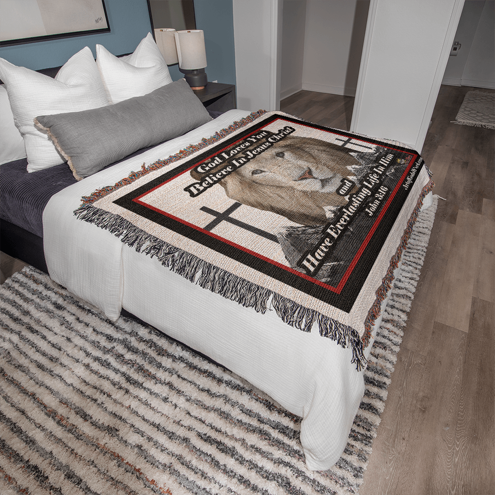 WOVEN TAPESTRY 80x60 - God Loves You, Woven Tapestry Red, Black, White Border