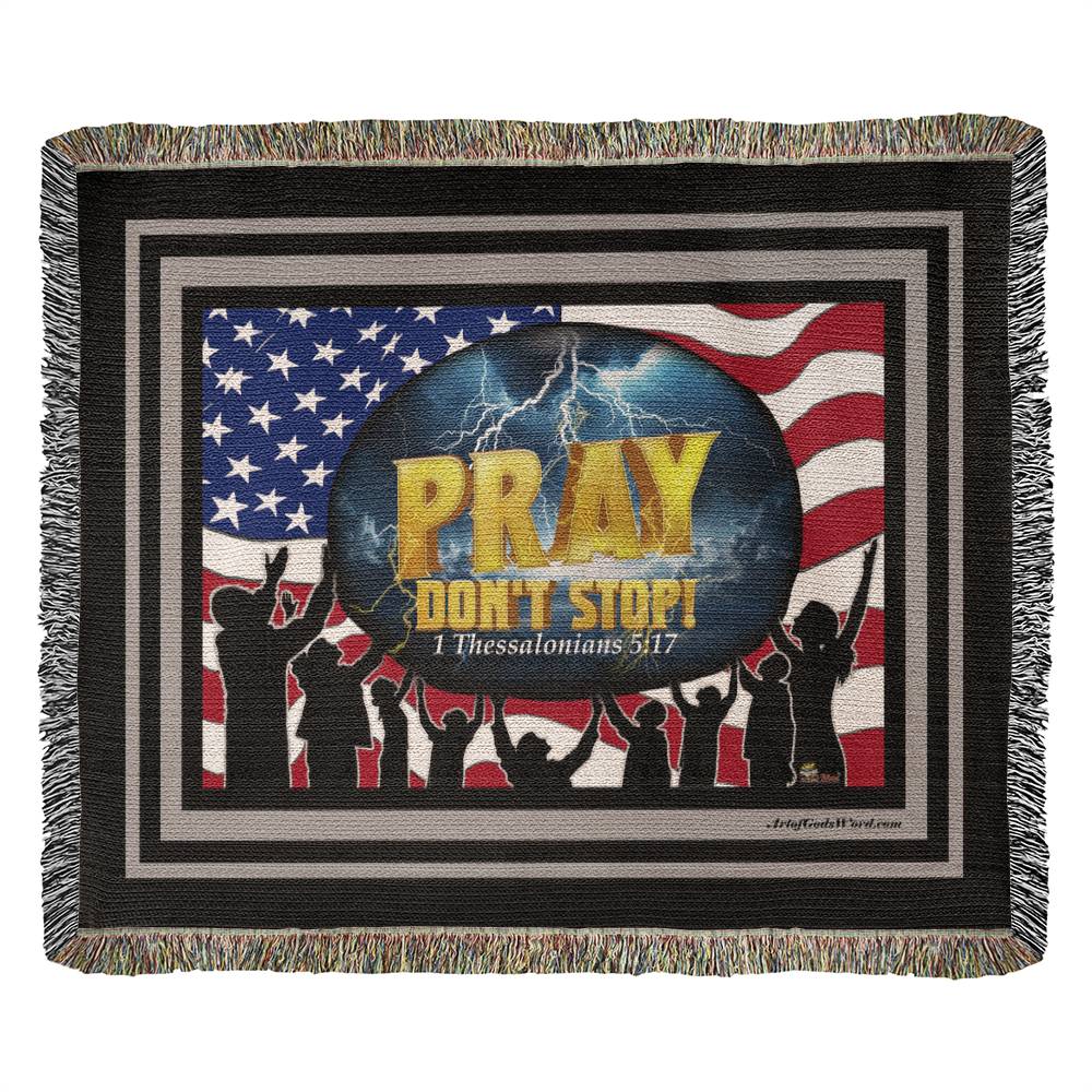WOVEN TAPESTRY 80x60 - PRAY Don't Stop, Woven Tapestry Black, Grey Border