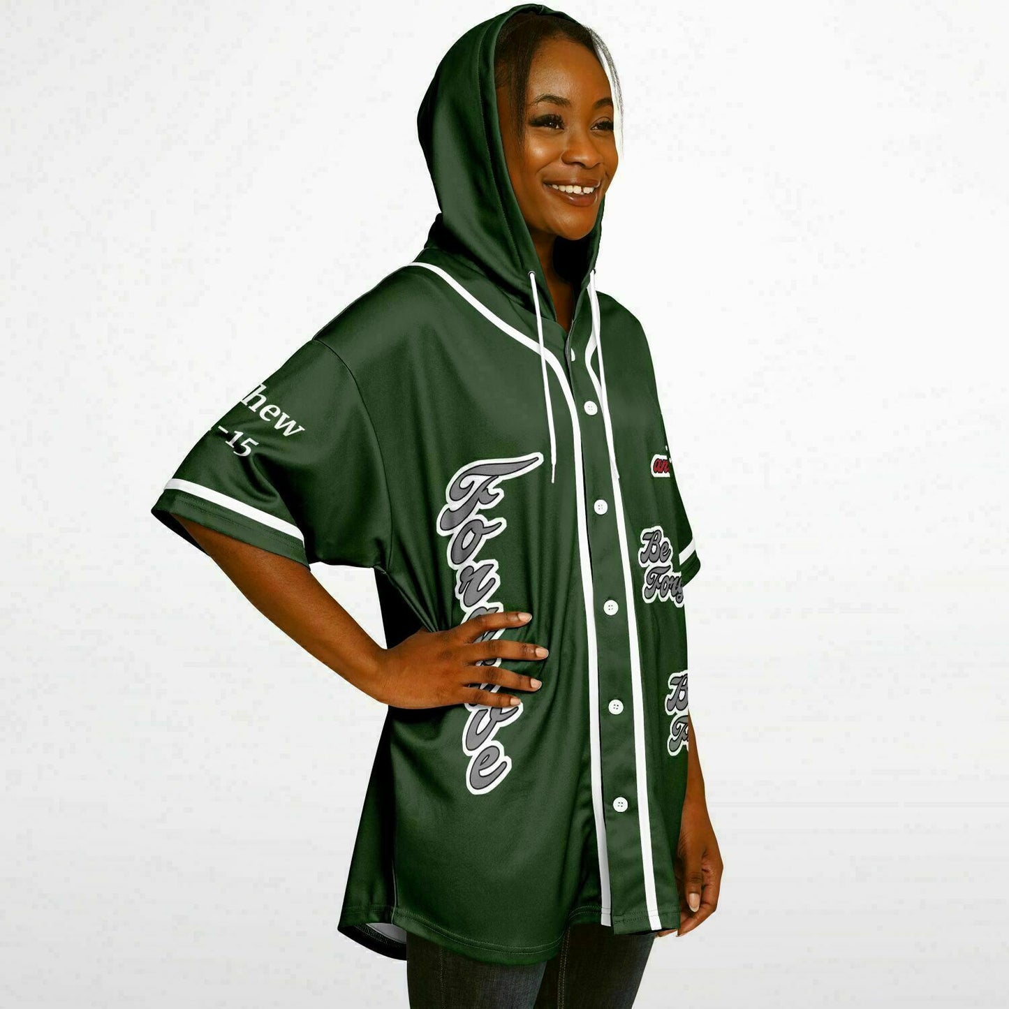 FORGIVE Forest Green - Unisex Hooded Baseball Jersey, White Stripes