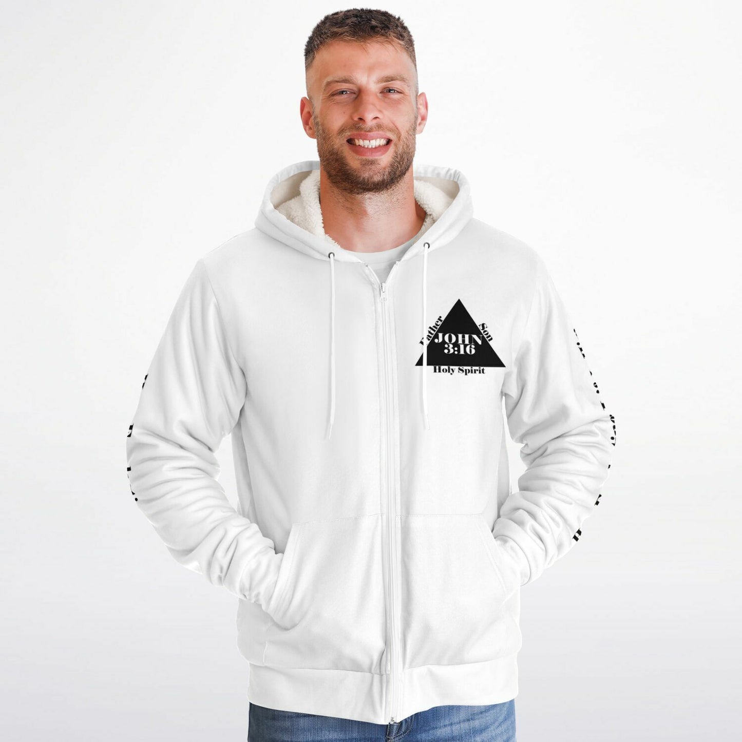 God Loves You - ZIP Front UNISEX Microfleece Hoodie (WHITE)