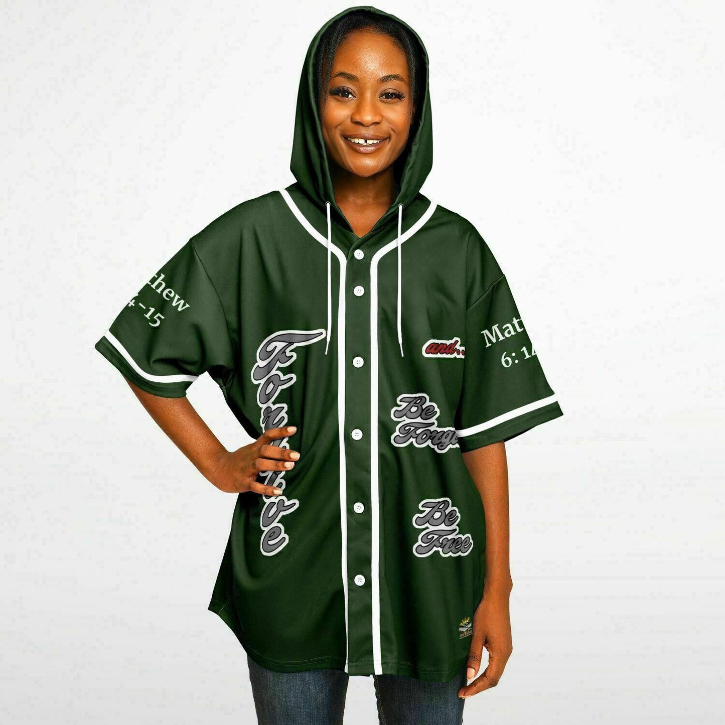 FORGIVE Forest Green - Unisex Hooded Baseball Jersey, White Stripes