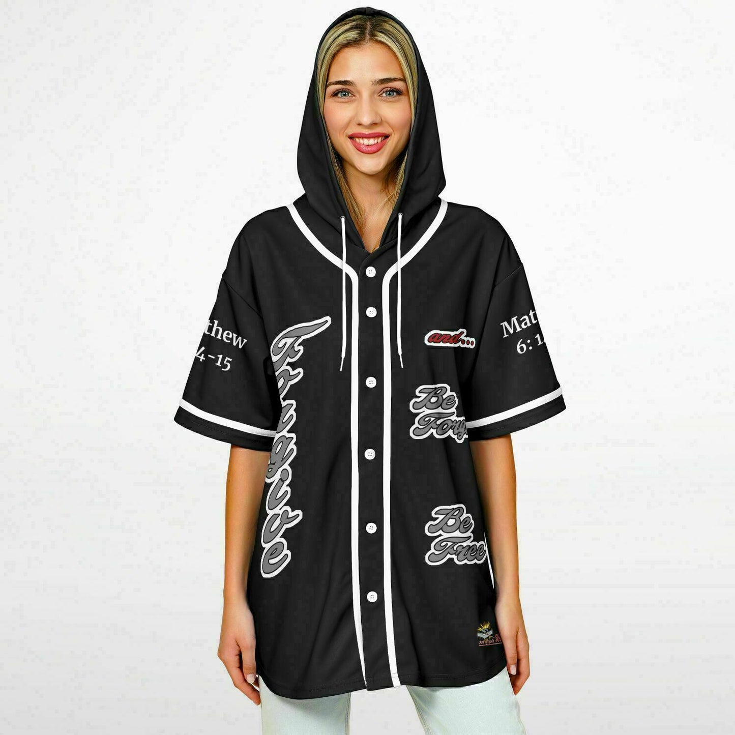 FORGIVE Black - Unisex Hooded Baseball Jersey, White Stripes