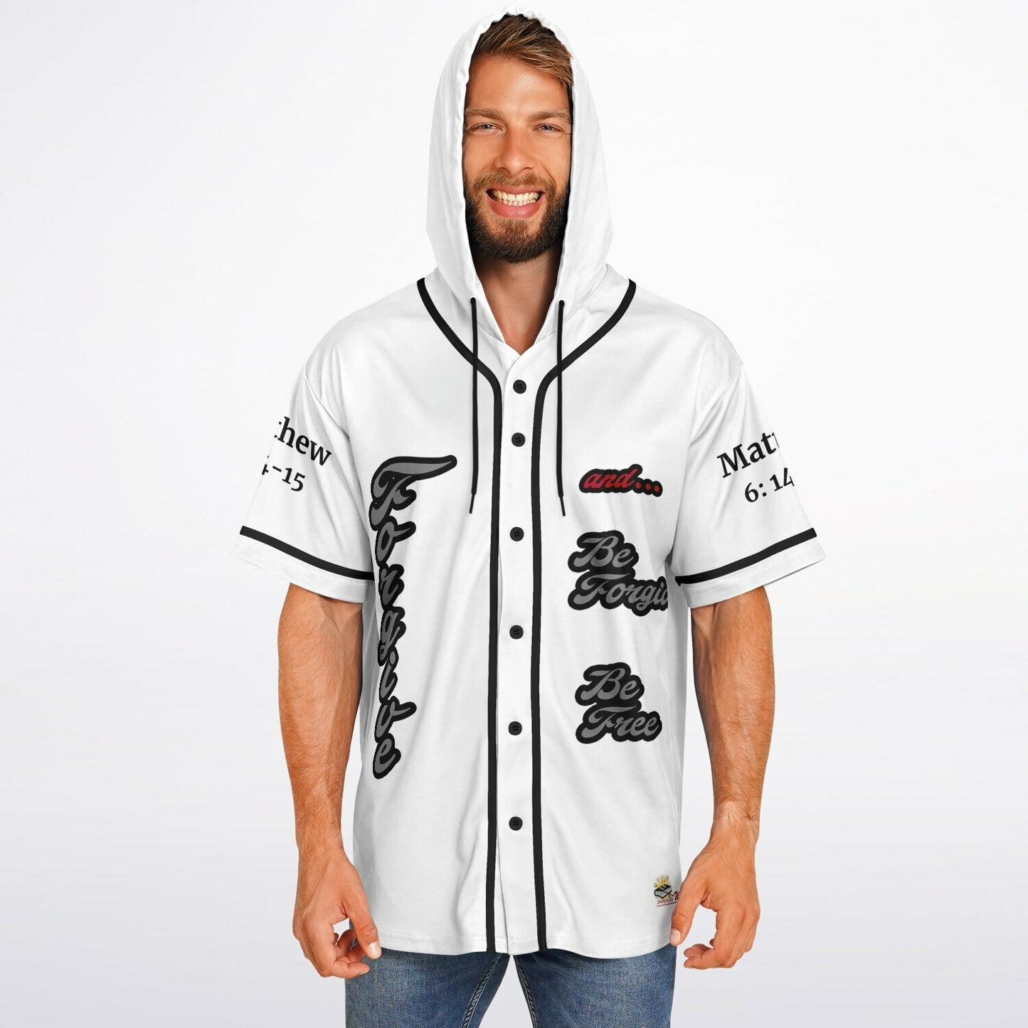 FORGIVE White - Unisex Hooded Baseball Jersey, Black Stripes