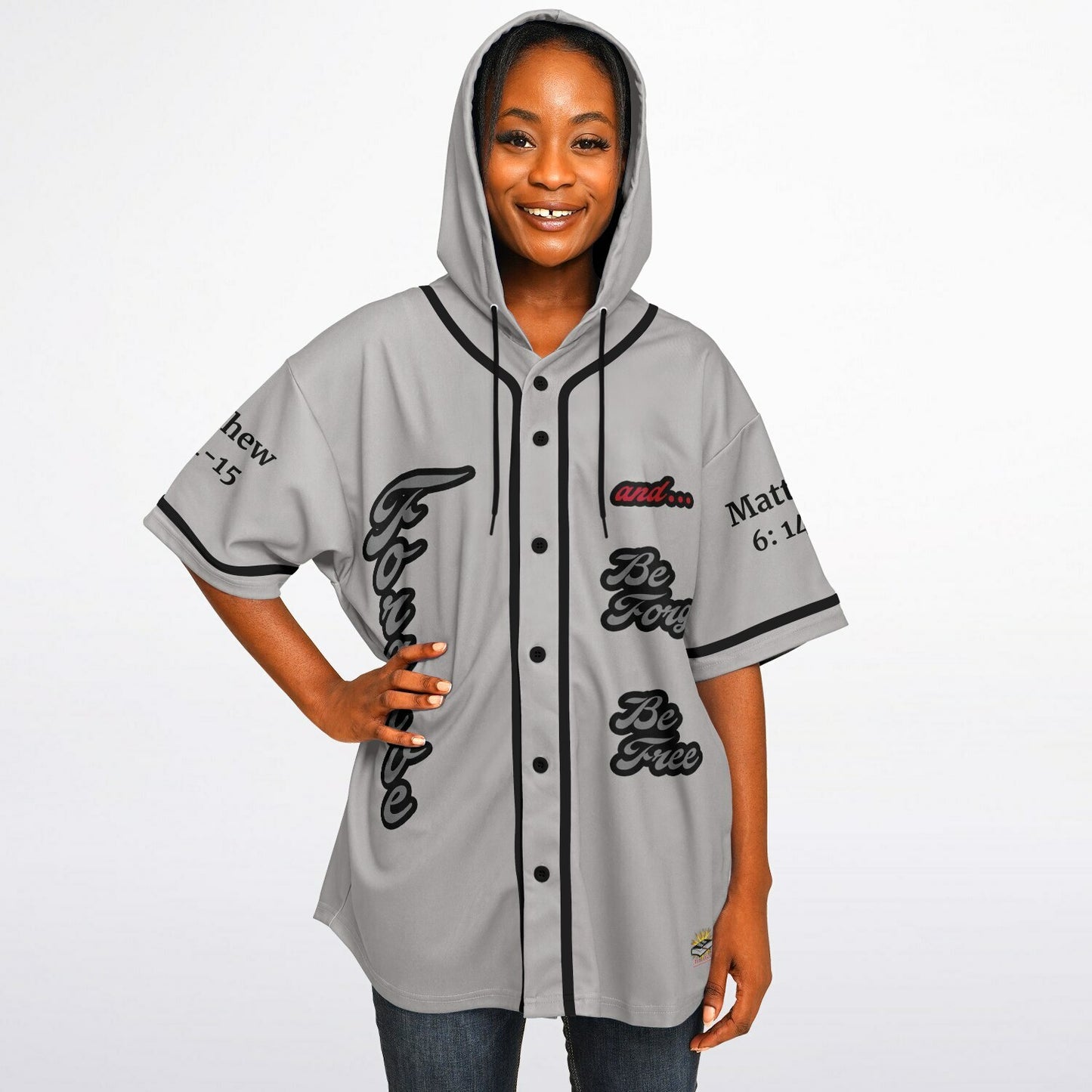 FORGIVE Grey - Unisex Hooded Baseball Jersey, Black Stripes