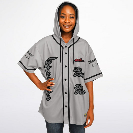 FORGIVE Grey - Unisex Hooded Baseball Jersey, Black Stripes