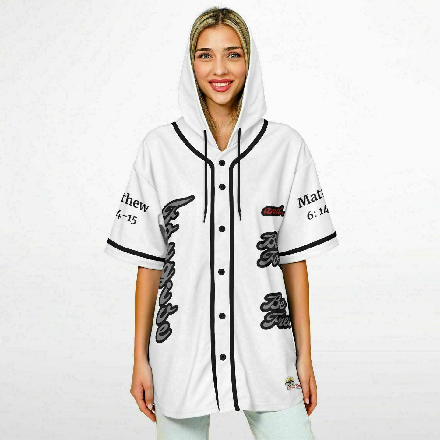 FORGIVE White - Unisex Hooded Baseball Jersey, Black Stripes