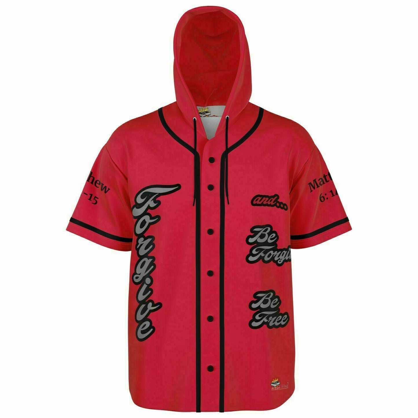 FORGIVE Red - Unisex Hooded Baseball Jersey, Black Stripes