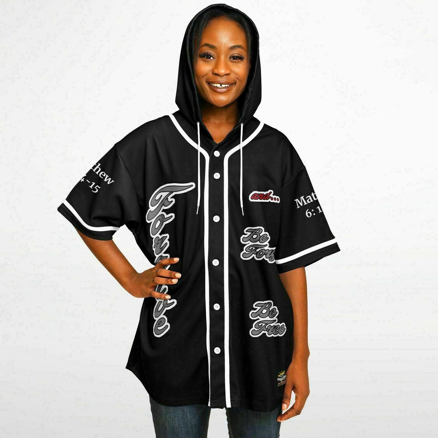 FORGIVE Black - Unisex Hooded Baseball Jersey, White Stripes