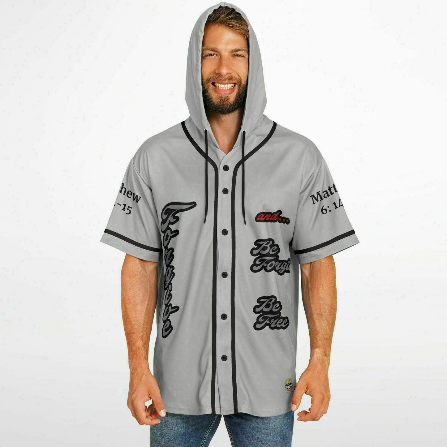 FORGIVE Grey - Unisex Hooded Baseball Jersey, Black Stripes