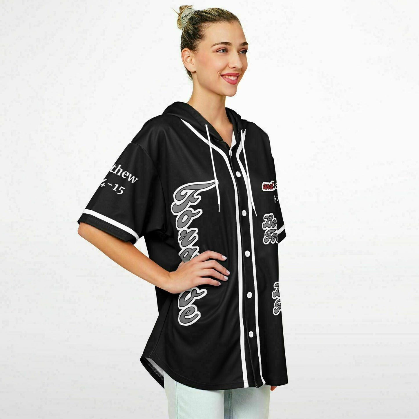 FORGIVE Black - Unisex Hooded Baseball Jersey, White Stripes