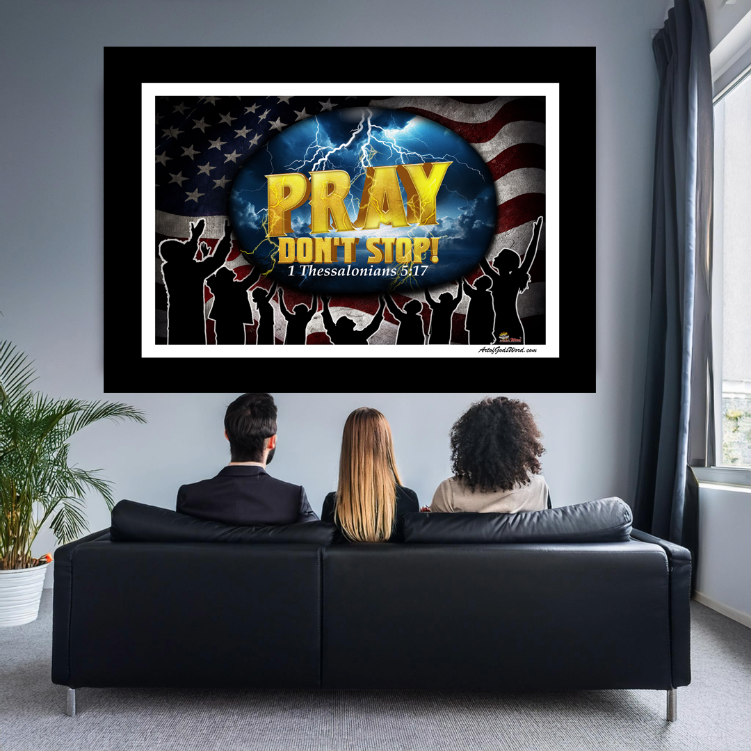 PRAY Don't Stop - Velveteen Plush Wall Art, Black and White Border