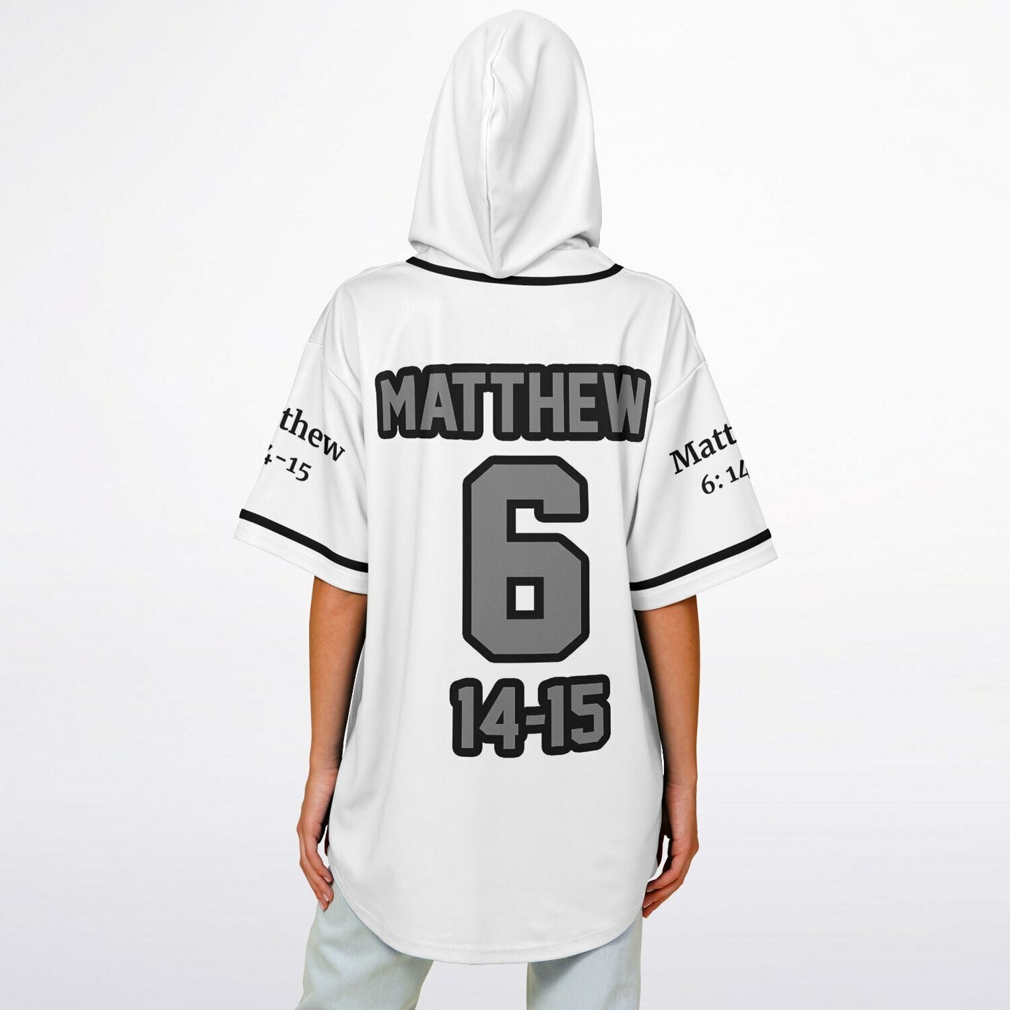 FORGIVE White - Unisex Hooded Baseball Jersey, Black Stripes