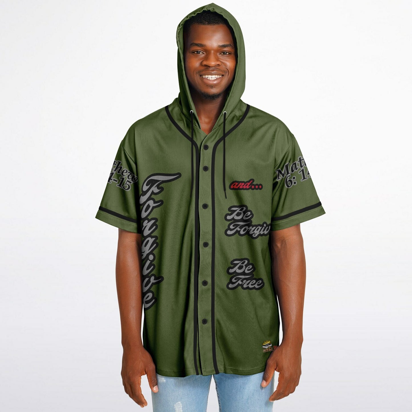 FORGIVE Army Green - Unisex Hooded Baseball Jersey, Black Stripes  copy