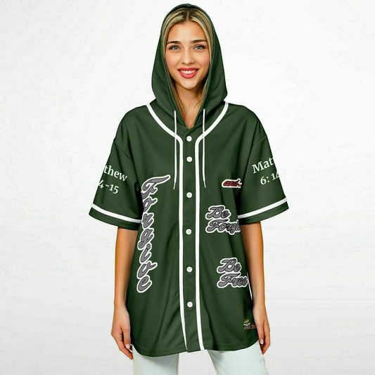 FORGIVE Green - Unisex Hooded Baseball Jersey, White Stripes