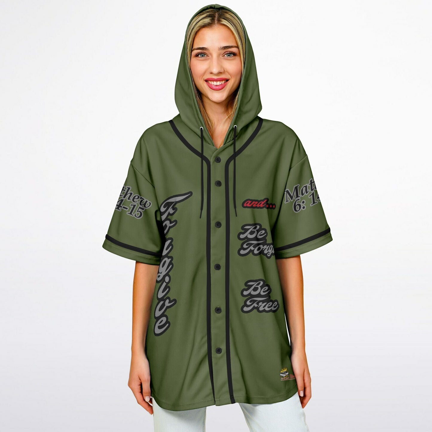 FORGIVE Army Green - Unisex Hooded Baseball Jersey, Black Stripes  copy