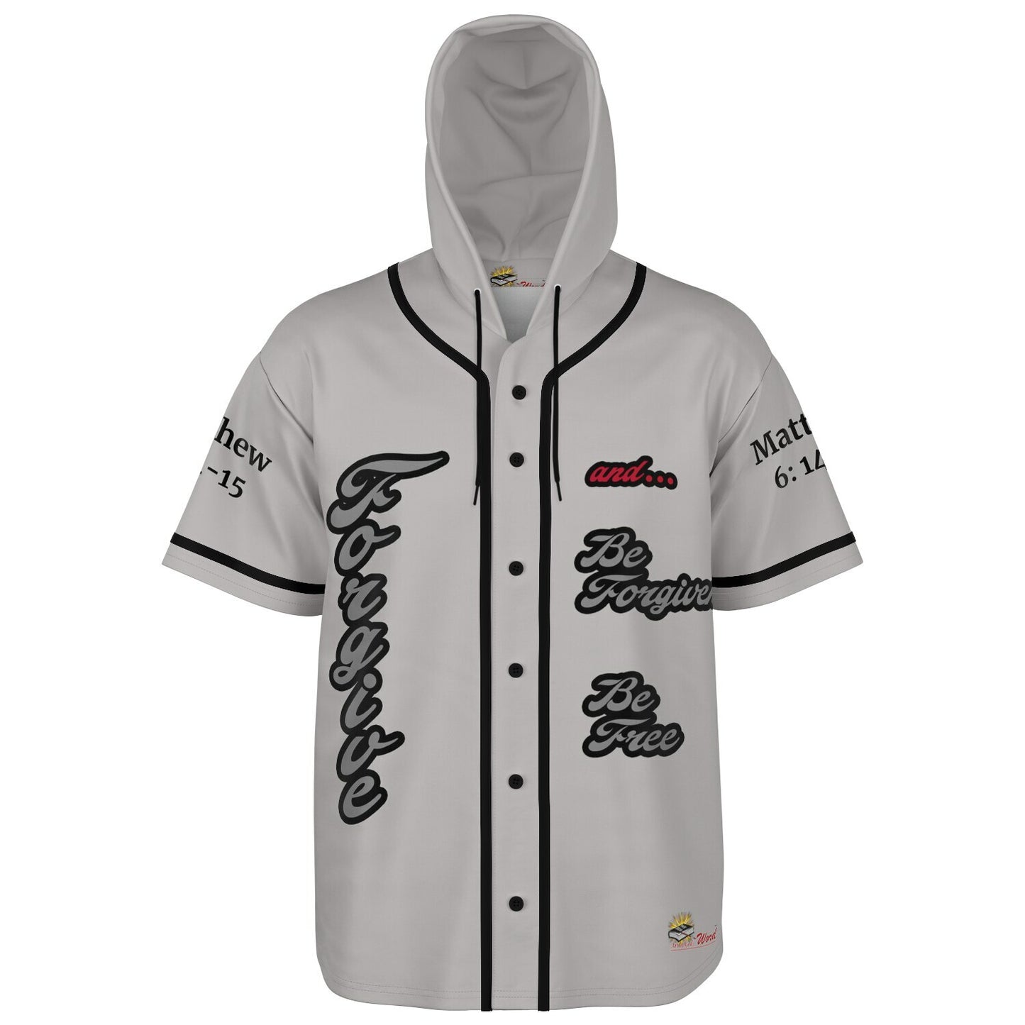 FORGIVE Grey - Unisex Hooded Baseball Jersey, Black Stripes