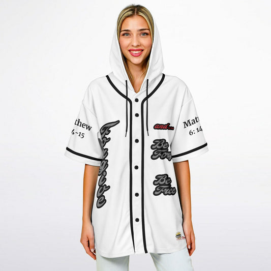 FORGIVE White - Unisex Hooded Baseball Jersey, Black Stripes