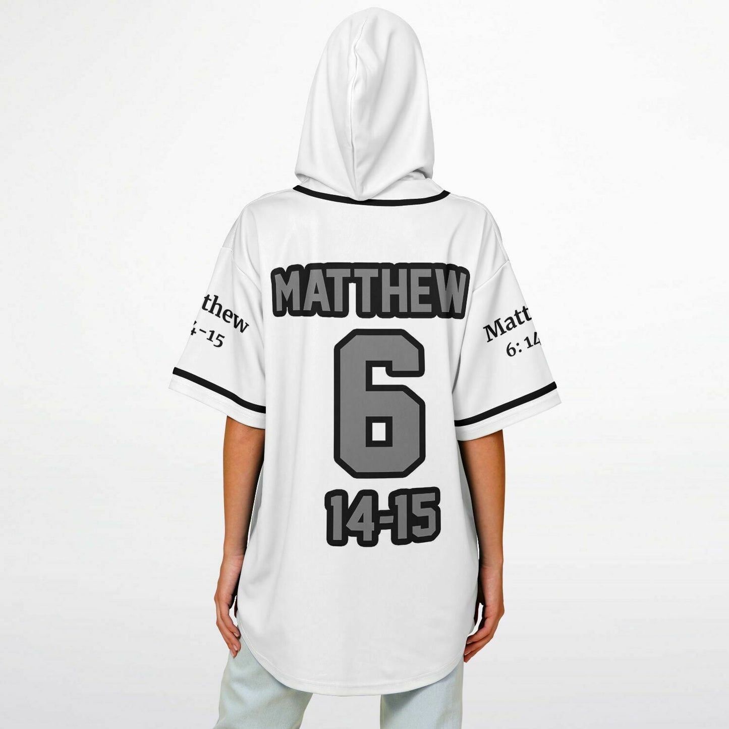 FORGIVE White - Unisex Hooded Baseball Jersey, Black Stripes