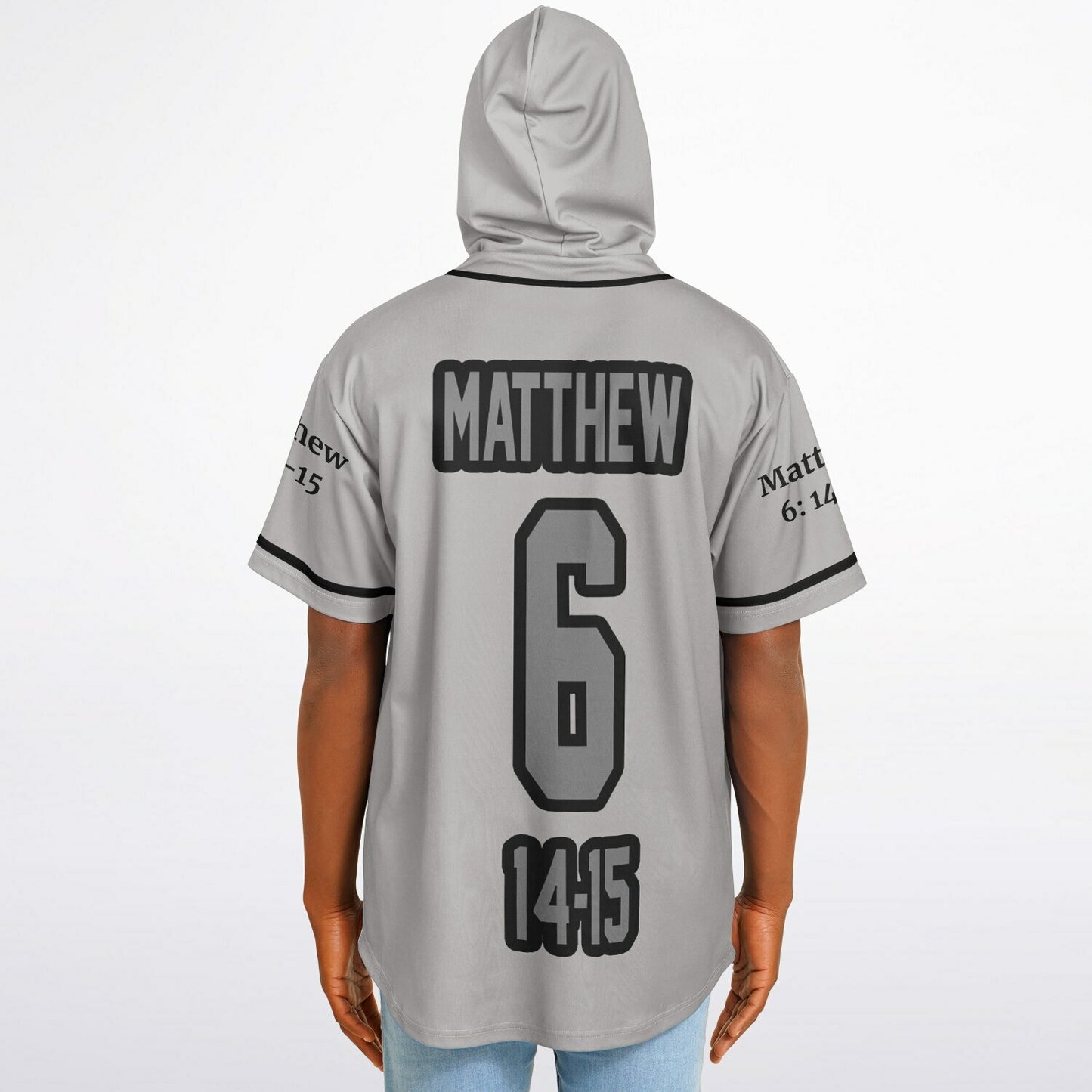 FORGIVE Grey - Unisex Hooded Baseball Jersey, Black Stripes