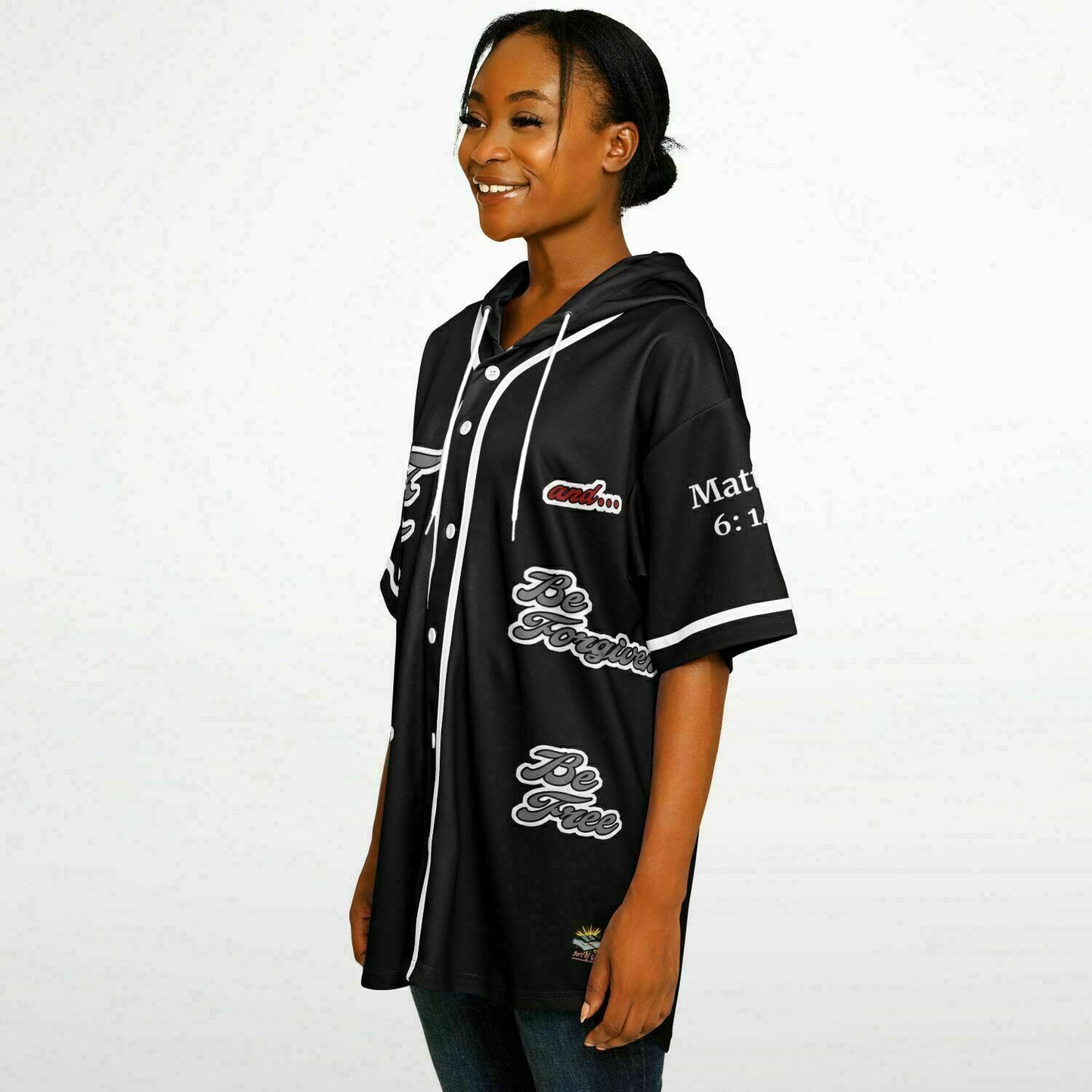 FORGIVE Black - Unisex Hooded Baseball Jersey, White Stripes