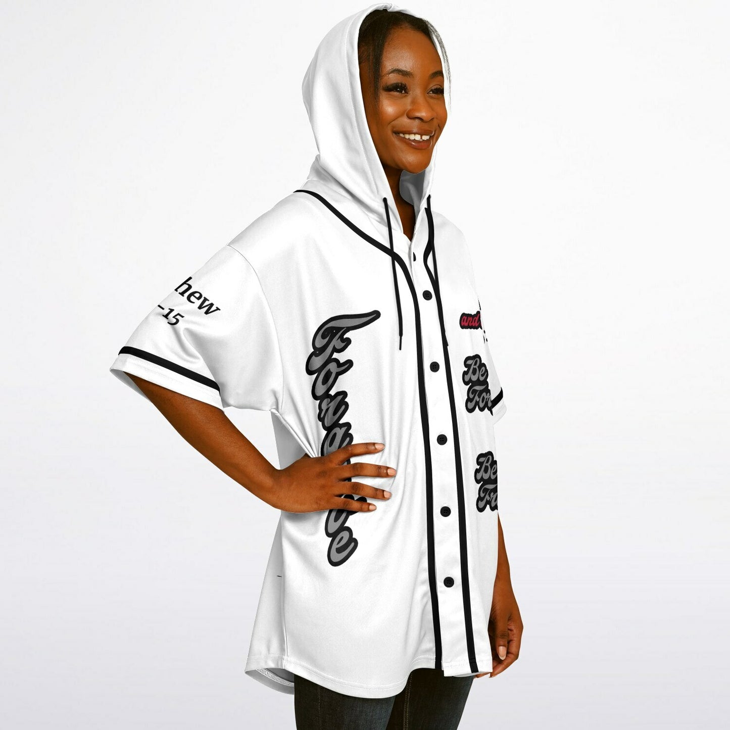 FORGIVE White - Unisex Hooded Baseball Jersey, Black Stripes