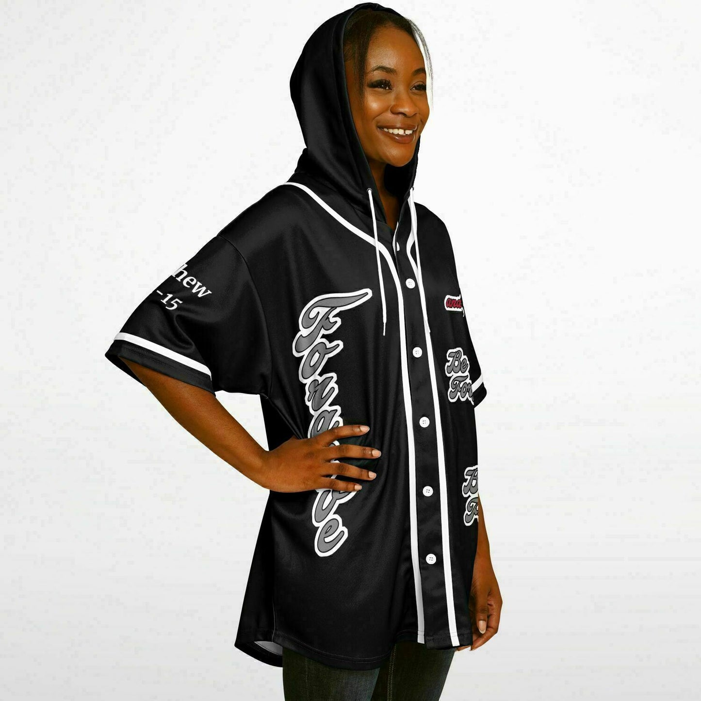 FORGIVE Black - Unisex Hooded Baseball Jersey, White Stripes