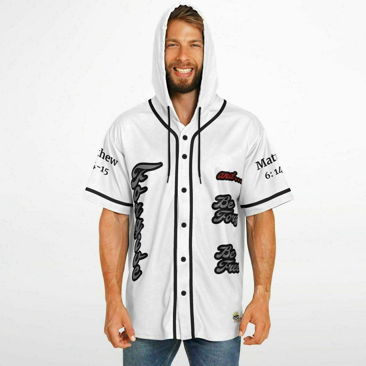 FORGIVE White - Unisex Hooded Baseball Jersey, Black Stripes