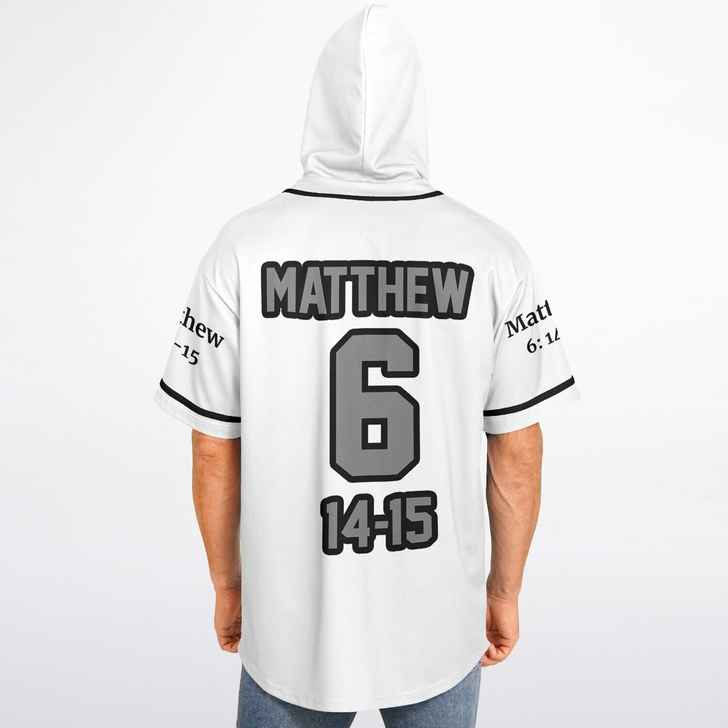 FORGIVE White - Unisex Hooded Baseball Jersey, Black Stripes
