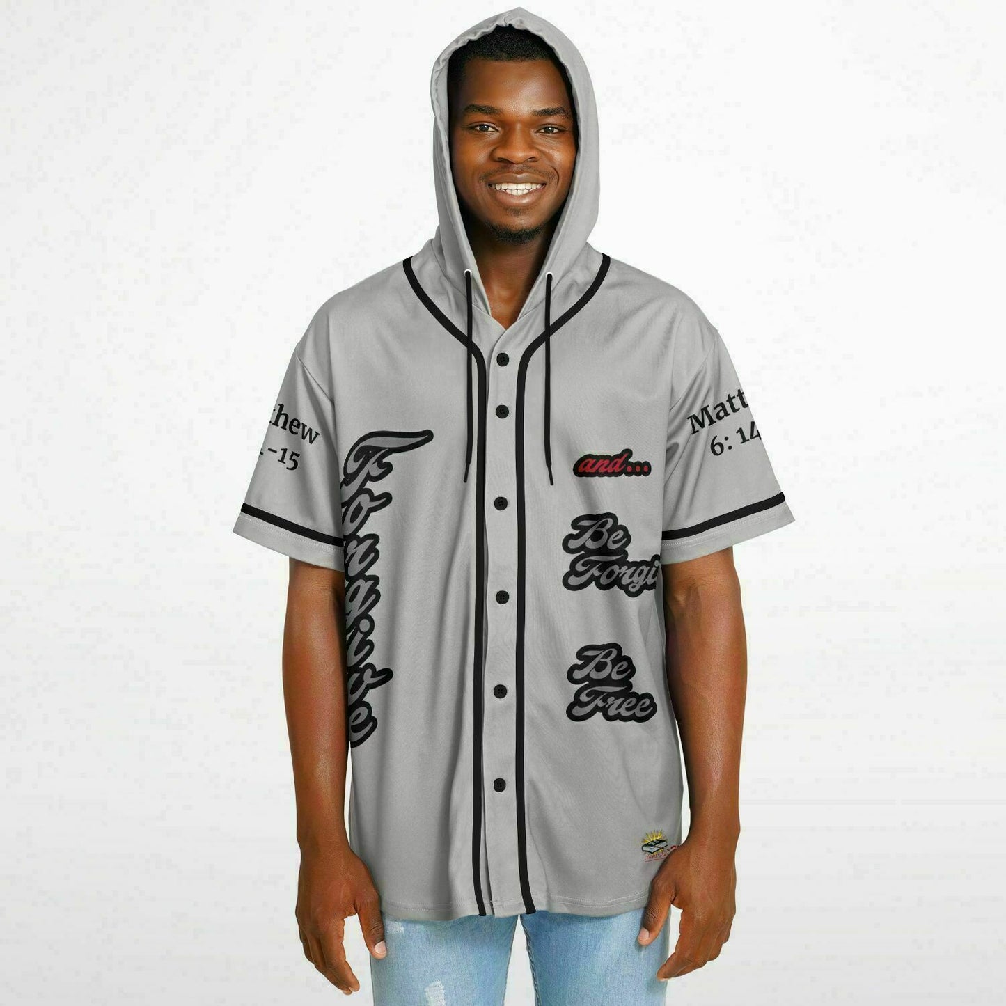 FORGIVE Grey - Unisex Hooded Baseball Jersey, Black Stripes