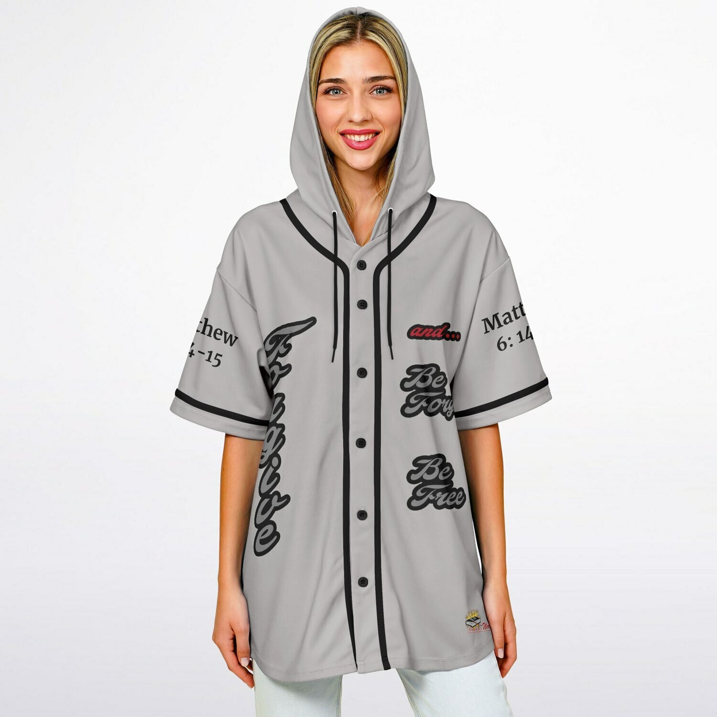 FORGIVE Grey - Unisex Hooded Baseball Jersey, Black Stripes