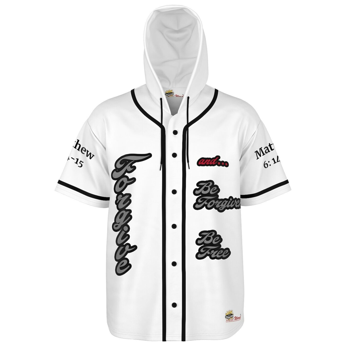 FORGIVE White - Unisex Hooded Baseball Jersey, Black Stripes