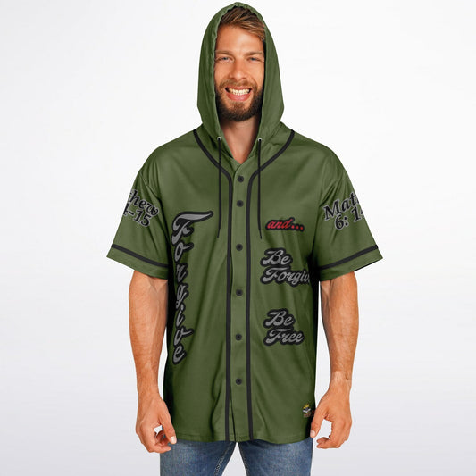 FORGIVE Army Green - Unisex Hooded Baseball Jersey, Black Stripes  copy