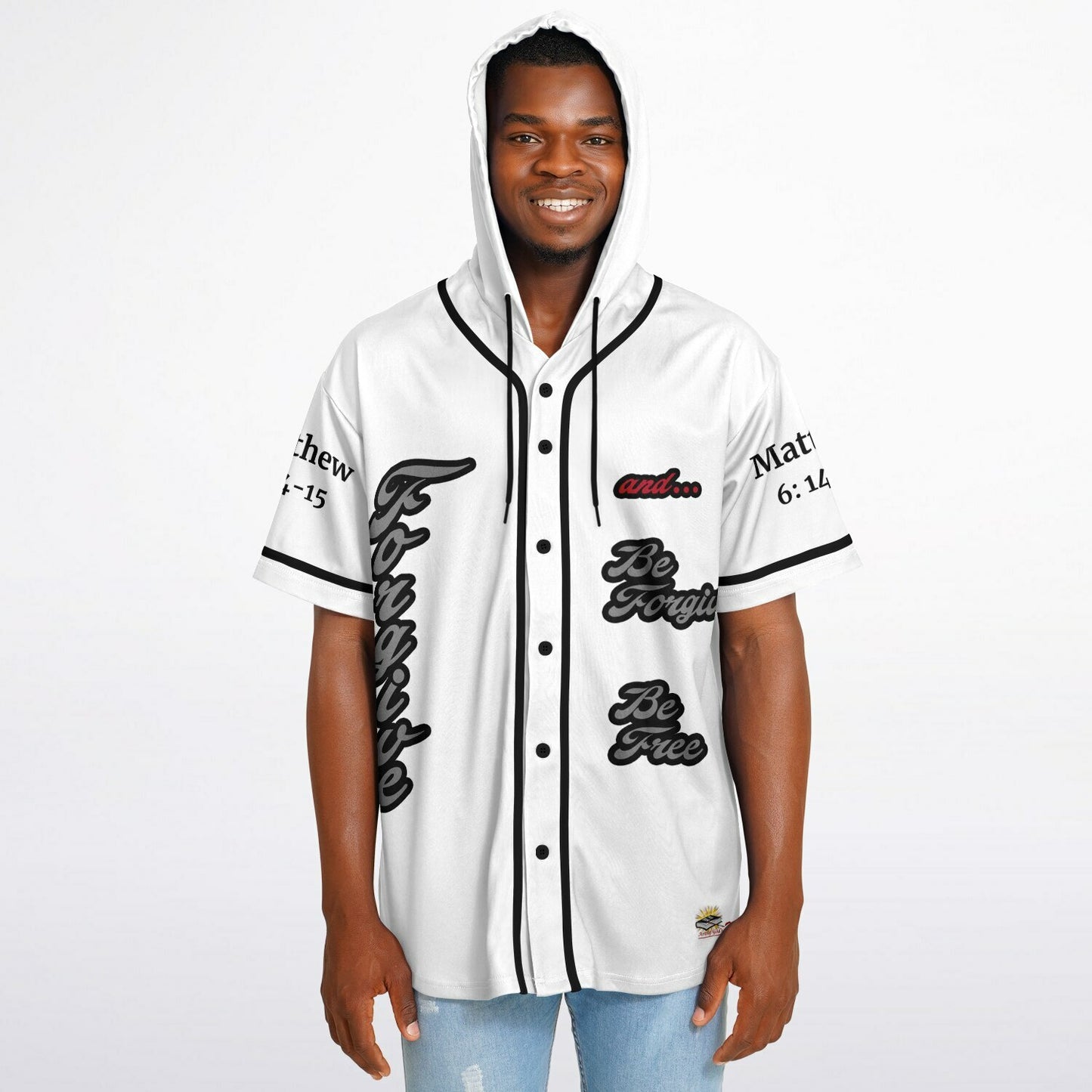 FORGIVE White - Unisex Hooded Baseball Jersey, Black Stripes