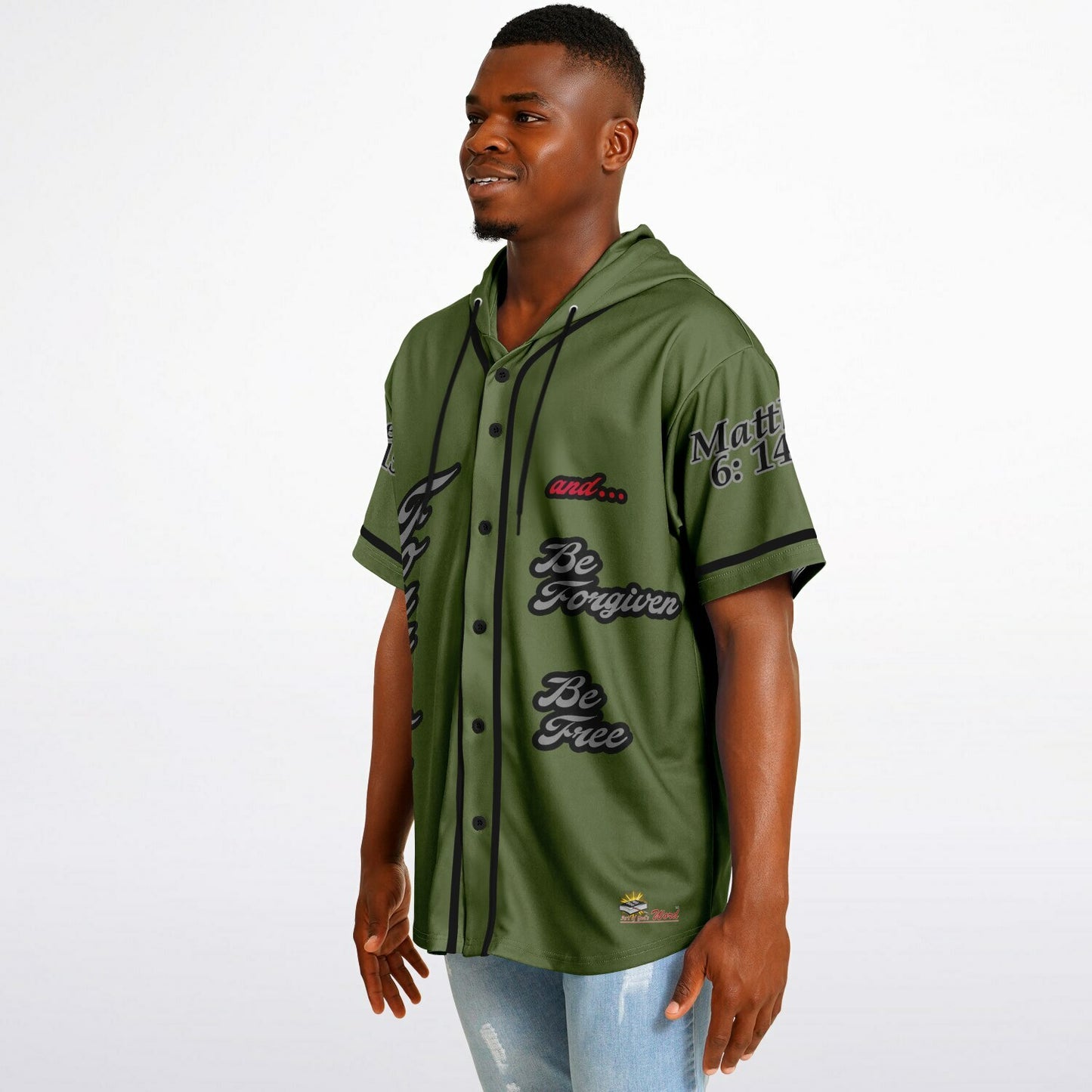 FORGIVE Army Green - Unisex Hooded Baseball Jersey, Black Stripes  copy