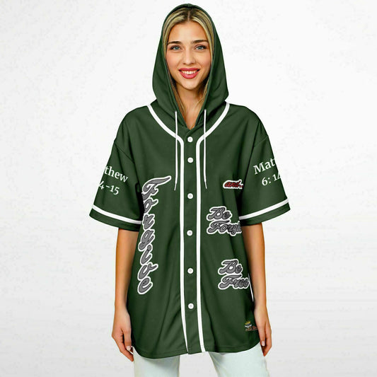 FORGIVE Forest Green - Unisex Hooded Baseball Jersey, White Stripes