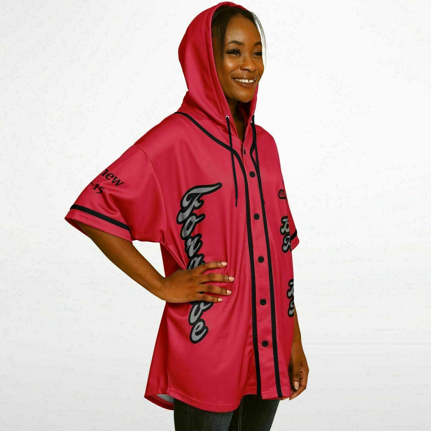 FORGIVE Red - Unisex Hooded Baseball Jersey, Black Stripes