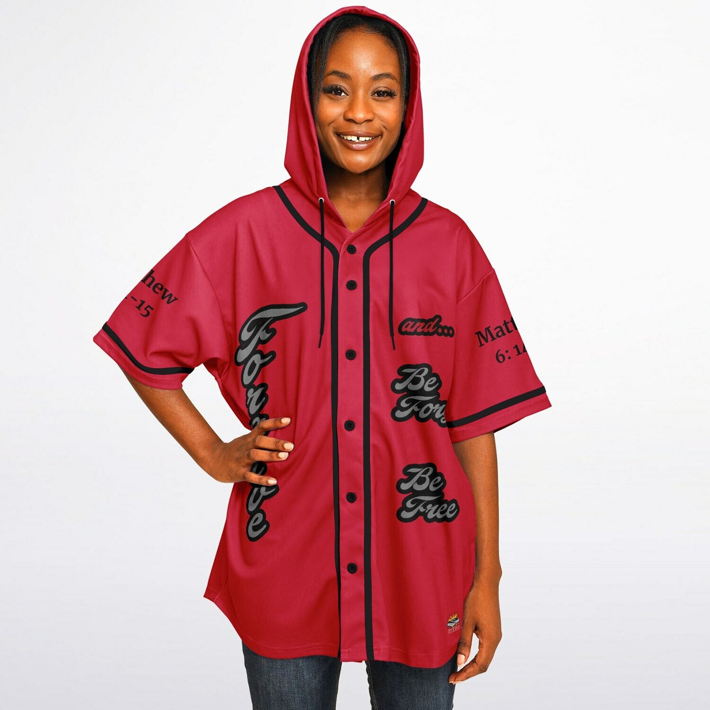 FORGIVE Red - Unisex Hooded Baseball Jersey, Black Stripes