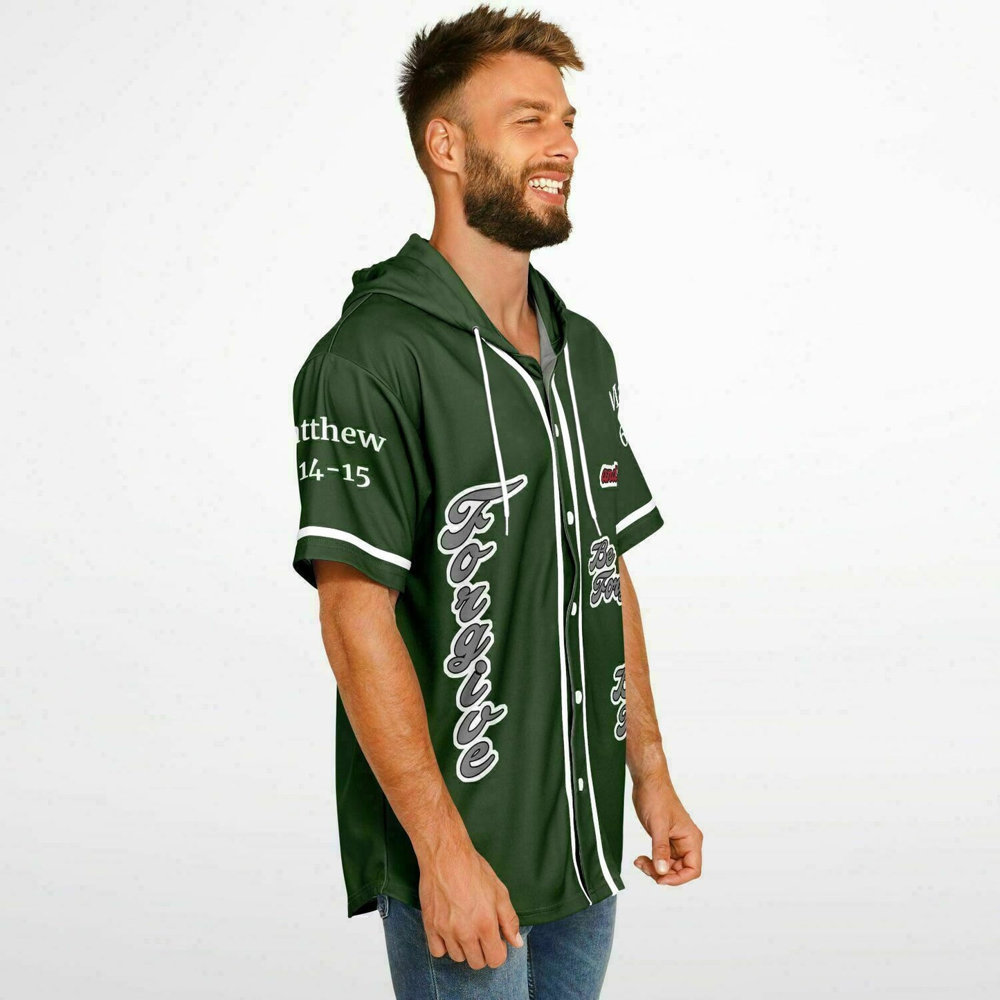 FORGIVE Green - Unisex Hooded Baseball Jersey, White Stripes