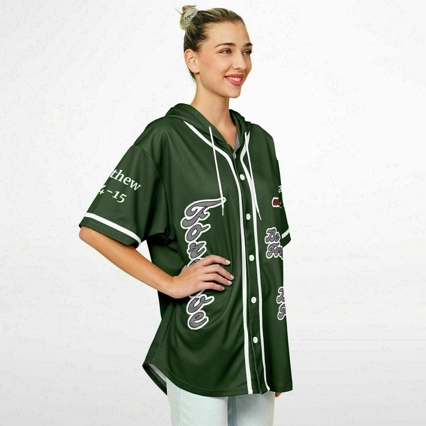 FORGIVE Green - Unisex Hooded Baseball Jersey, White Stripes