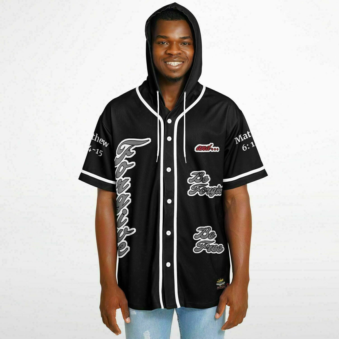 FORGIVE Black - Unisex Hooded Baseball Jersey, White Stripes