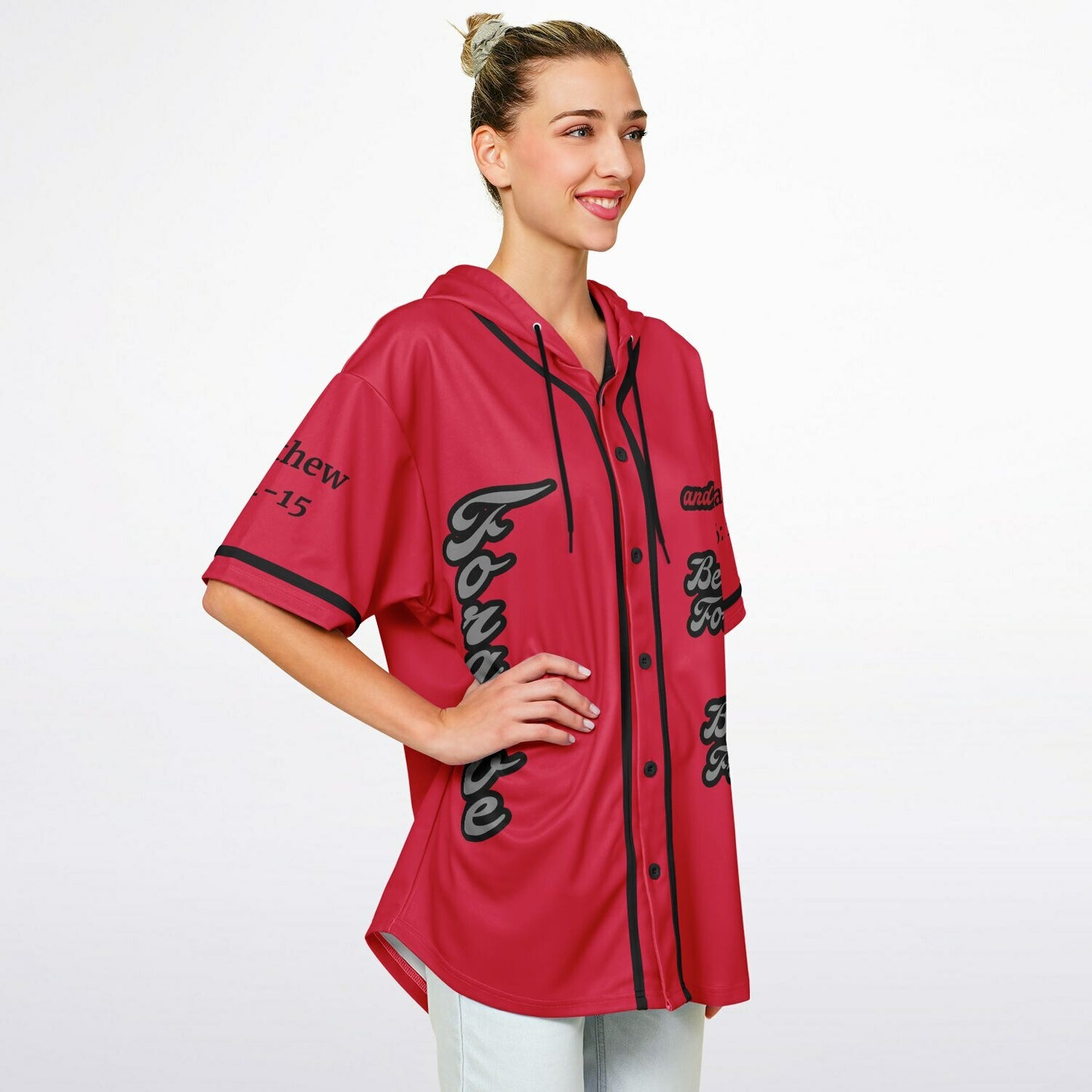 FORGIVE Red - Unisex Hooded Baseball Jersey, Black Stripes