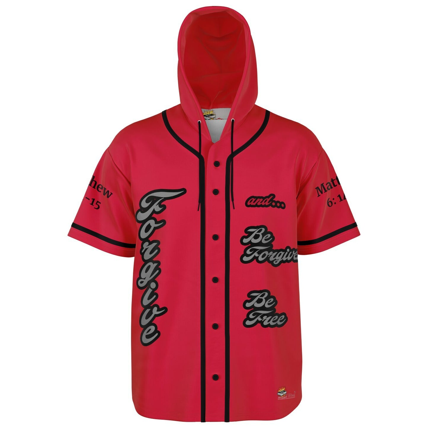 FORGIVE Red - Unisex Hooded Baseball Jersey, Black Stripes