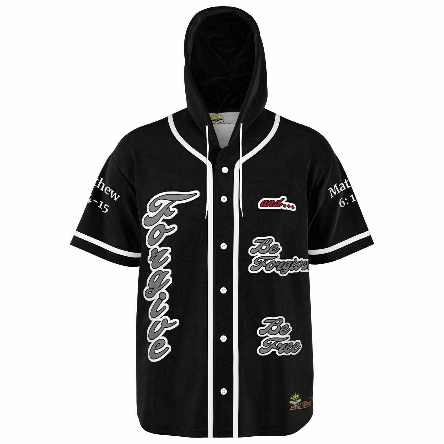 FORGIVE Black - Unisex Hooded Baseball Jersey, White Stripes