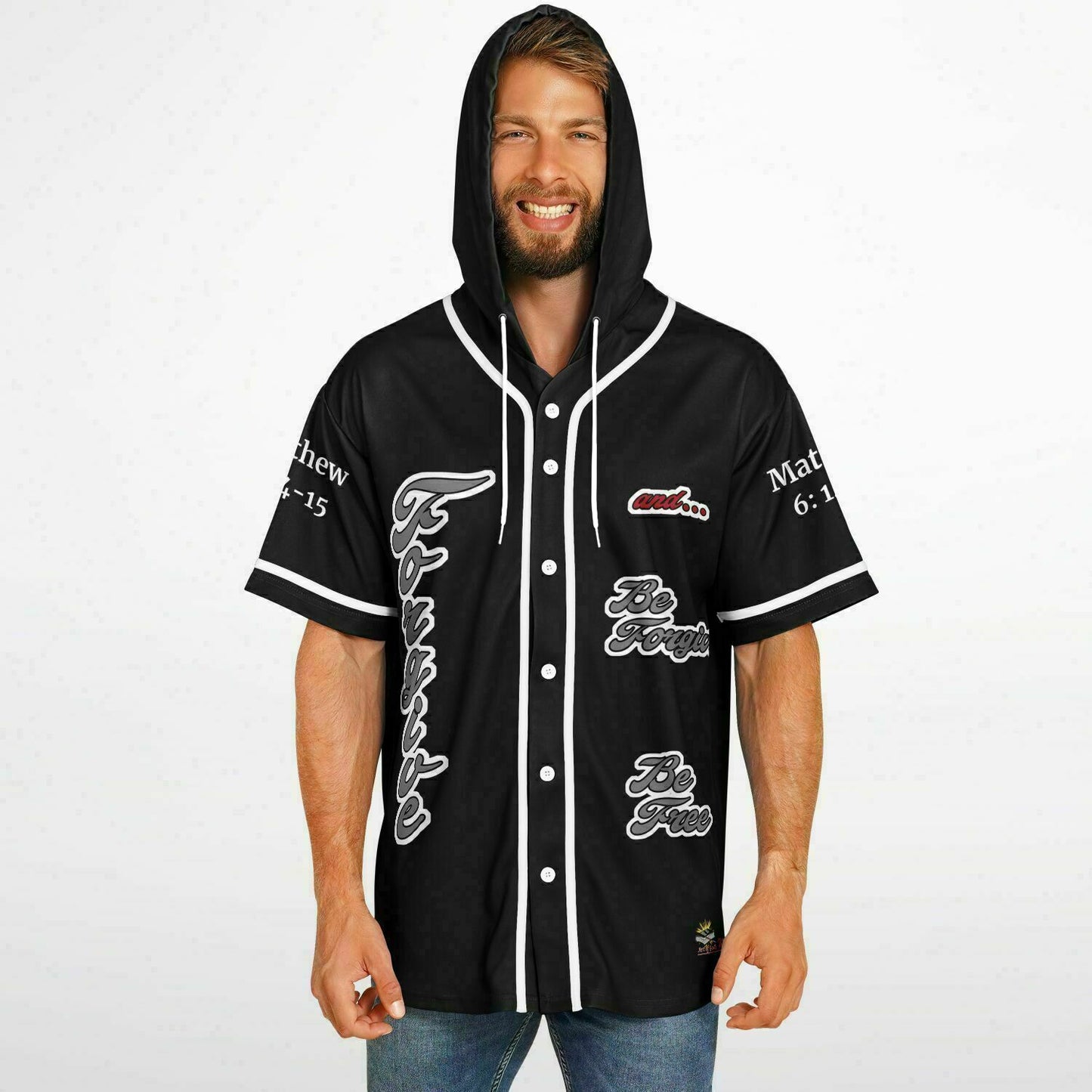 FORGIVE Black - Unisex Hooded Baseball Jersey, White Stripes