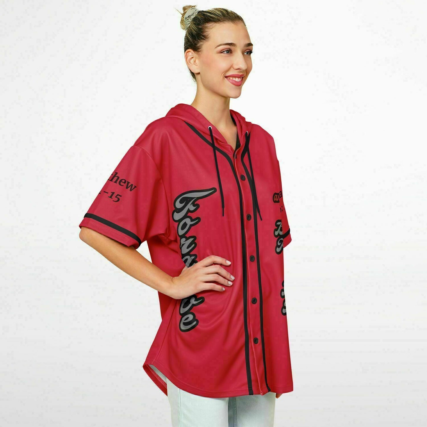 FORGIVE Red - Unisex Hooded Baseball Jersey, Black Stripes