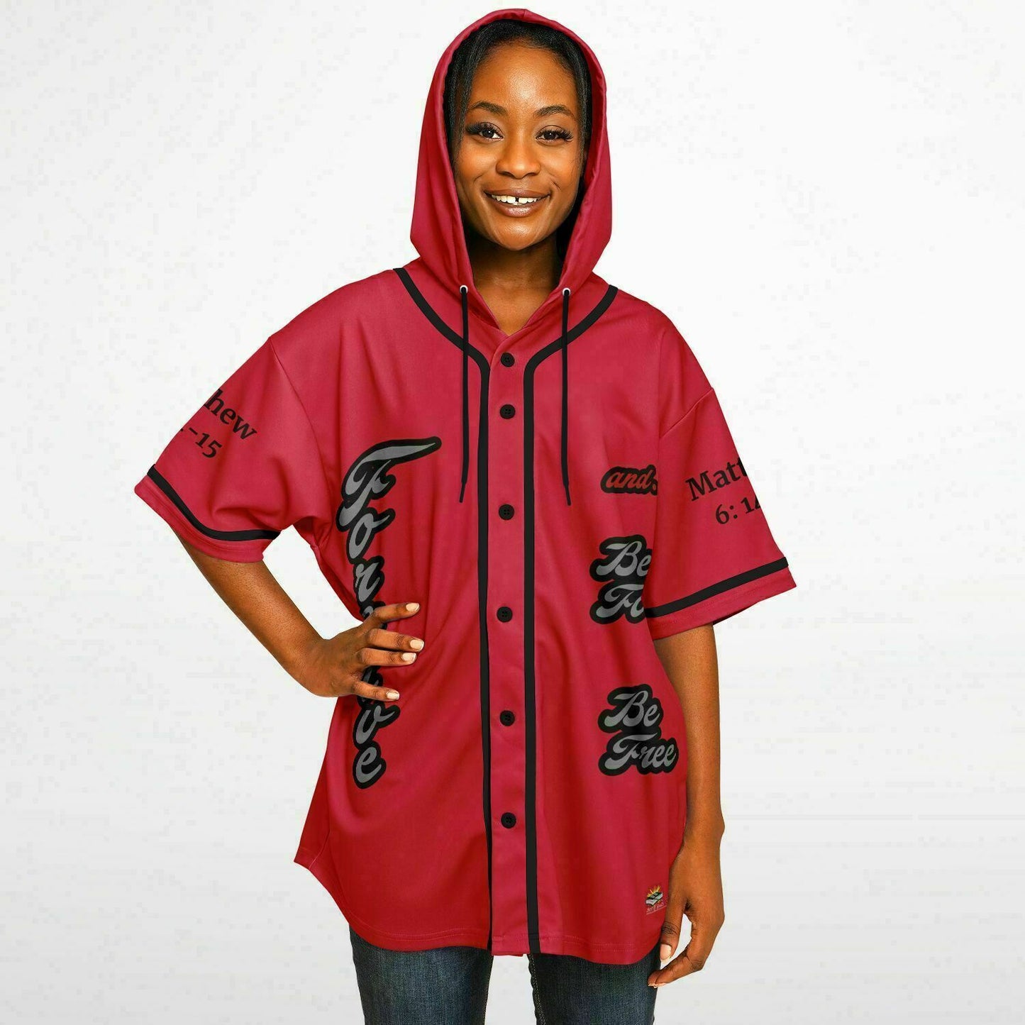 FORGIVE Red - Unisex Hooded Baseball Jersey, Black Stripes