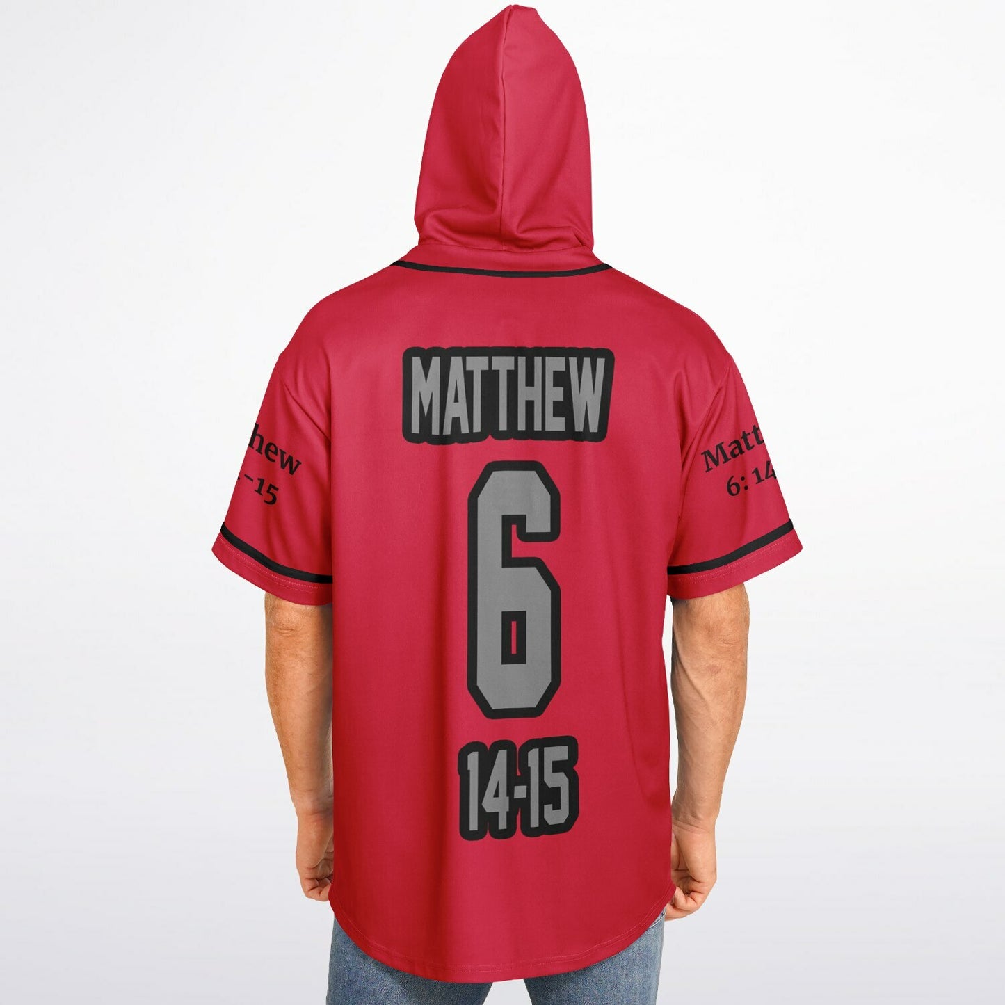 FORGIVE Red - Unisex Hooded Baseball Jersey, Black Stripes